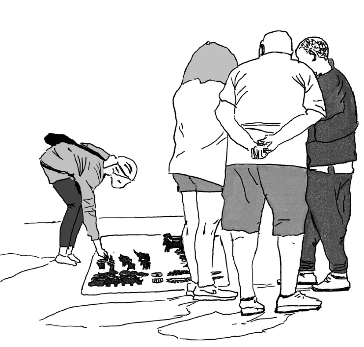 Scene of a street sale in Rio as a pencil sketch.